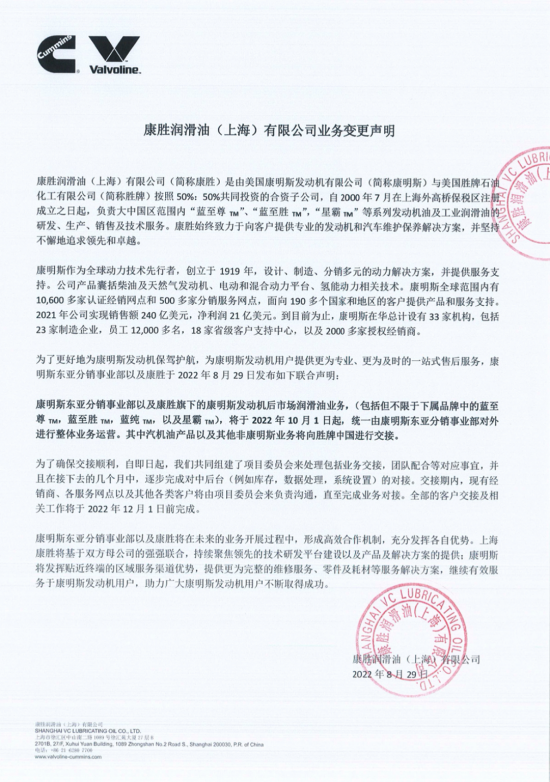 康勝潤(rùn)滑油有限公司業(yè)務(wù)變更聲明